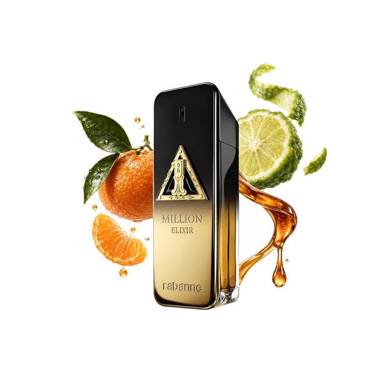 1 Million Night Elixir by Rabanne, bottle pictured with its key notes: Mandarin Orange, Bergamot and Maple Syrup
