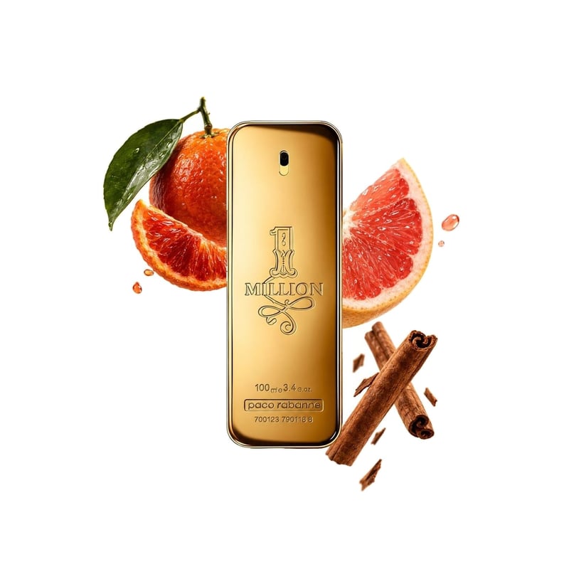 1 Million by Rabanne, bottle pictured with its key notes: Blood Mandarin, Grapefruit and Cinnamon