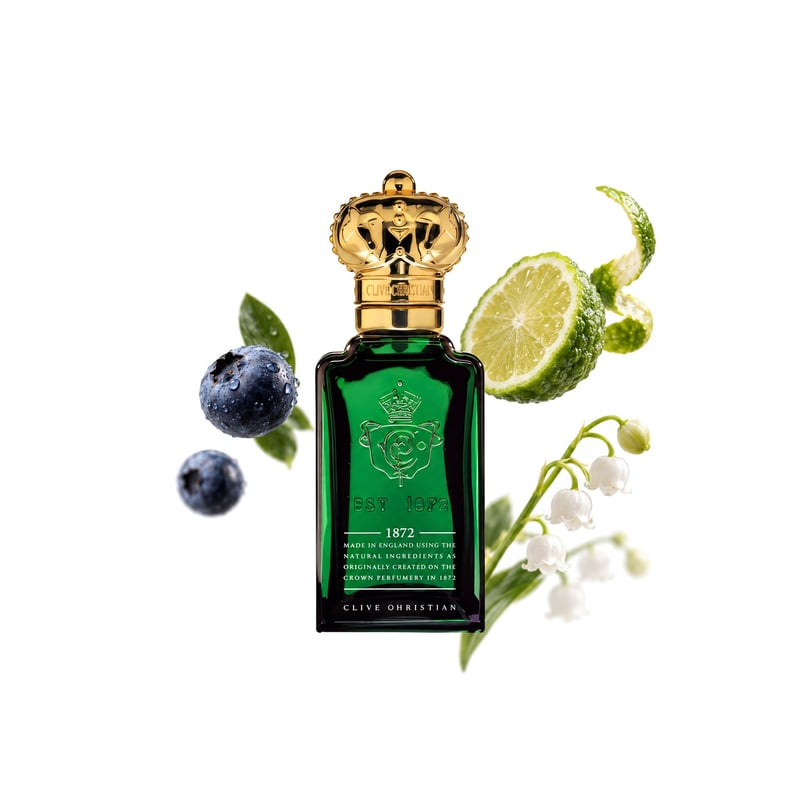 1872 For Women by Clive Christian, bottle pictured with its key notes: Blueberry, Bergamot and Lily-of-the-valley
