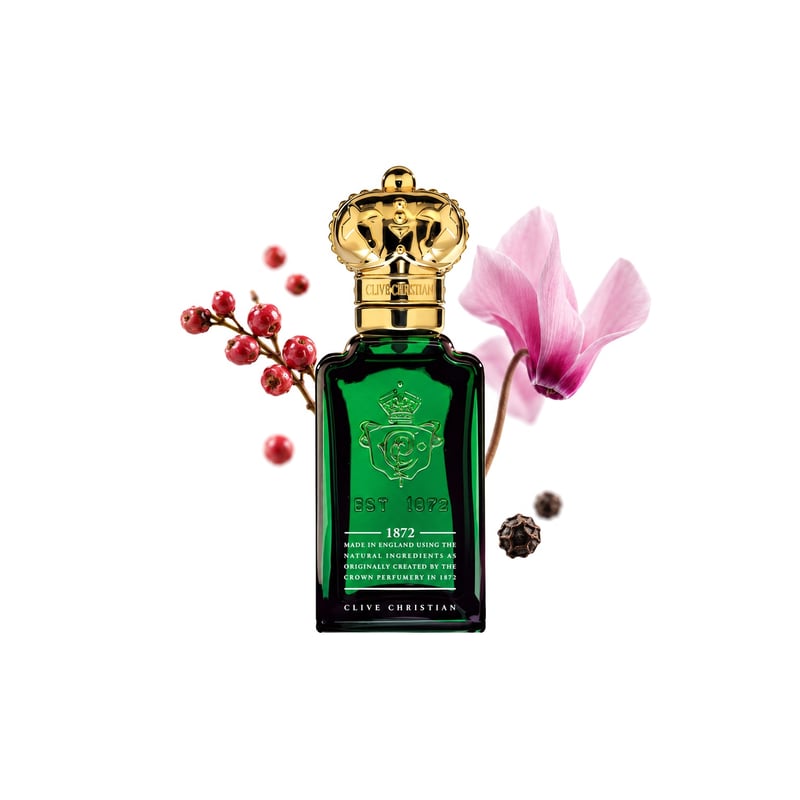 1872 Masculine by Clive Christian, bottle pictured with its key notes: Pink Pepper, Black Pepper and Cyclamen