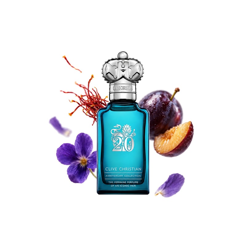 20 Iconic Feminine by Clive Christian, bottle pictured with its key notes: Saffron, Plum and Violet