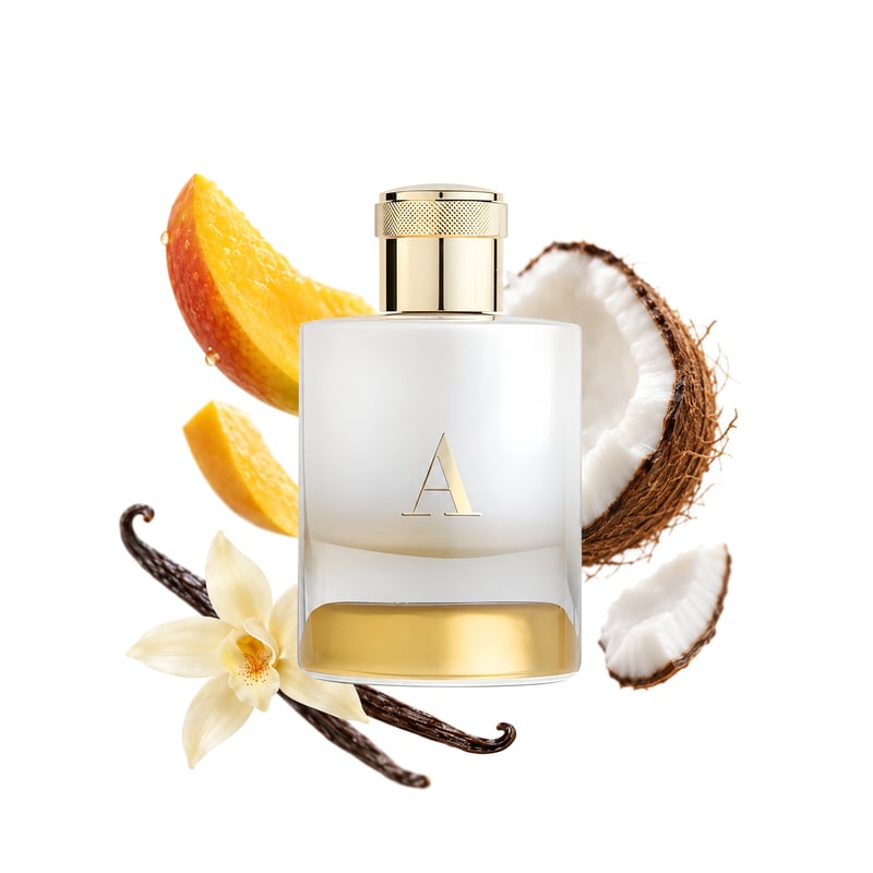 A by Pantheon Roma, bottle pictured with its key notes: Mango, Coconut and Vanilla