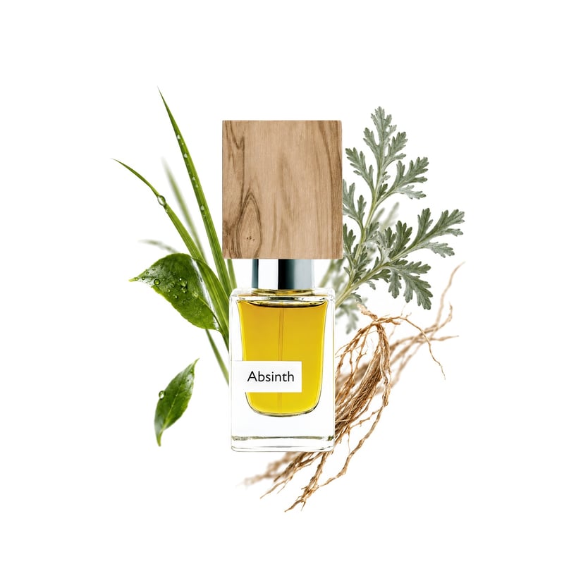 Absinth by Nasomatto, bottle pictured with its key notes: Green Notes, Wormwood and Haitian Vetiver