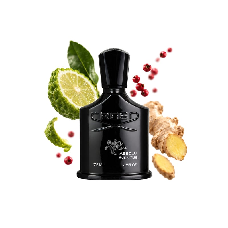 Absolu Aventus by Creed, bottle pictured with its key notes: Bergamot, Pink Pepper and Ginger