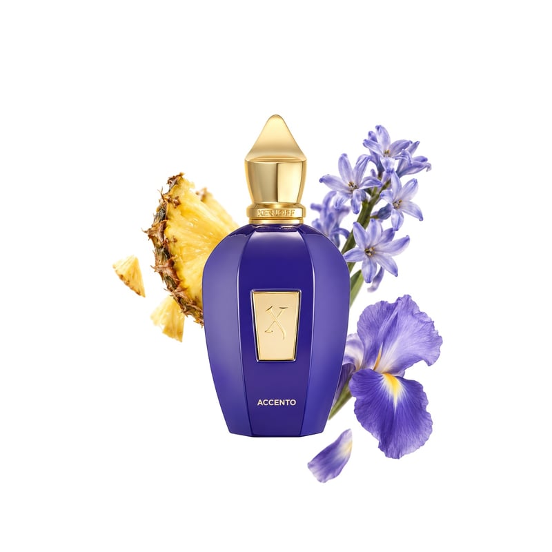 Accento by Xerjoff, bottle pictured with its key notes: Pineapple, Hyacinth and Iris