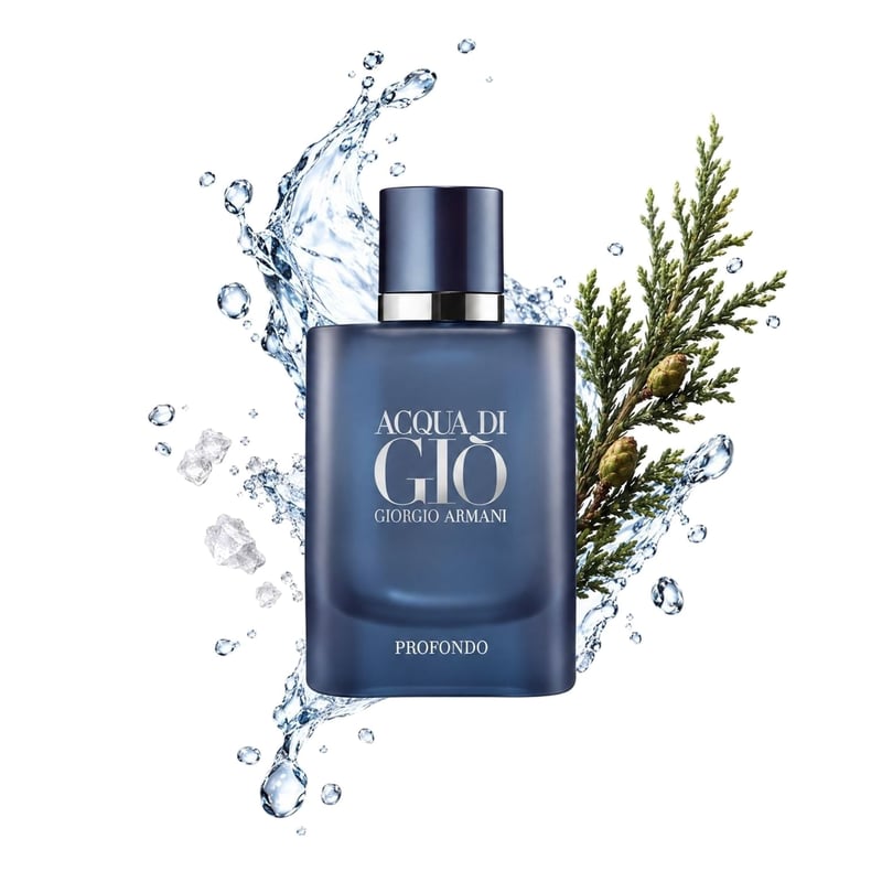 Acqua di Giò Profondo by Giorgio Armani, bottle pictured with its key notes: Sea Notes, Aquozone and Cypress