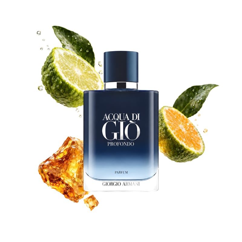 Acqua di Giò Profondo Parfum by Giorgio Armani, bottle pictured with its key notes: Bergamot, Green Mandarin and Amber