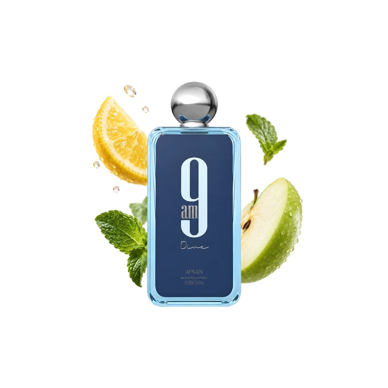 9am Dive by Afnan, bottle pictured with its key notes: Lemon, Mint and Apple