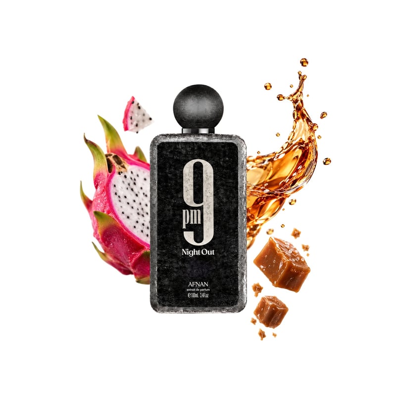 9pm Night Out by Afnan, bottle pictured with its key notes: Pitahaya, Cognac and Toffee