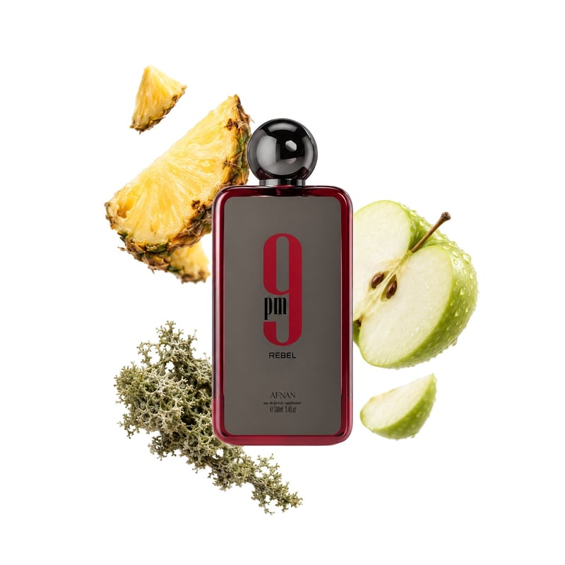 9pm Rebel by Afnan, bottle pictured with its key notes: Pineapple, Granny Smith Apple and Oakmoss