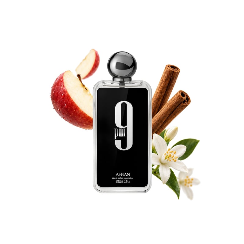 9pm by Afnan, bottle pictured with its key notes: Apple, Cinnamon and Orange Blossom
