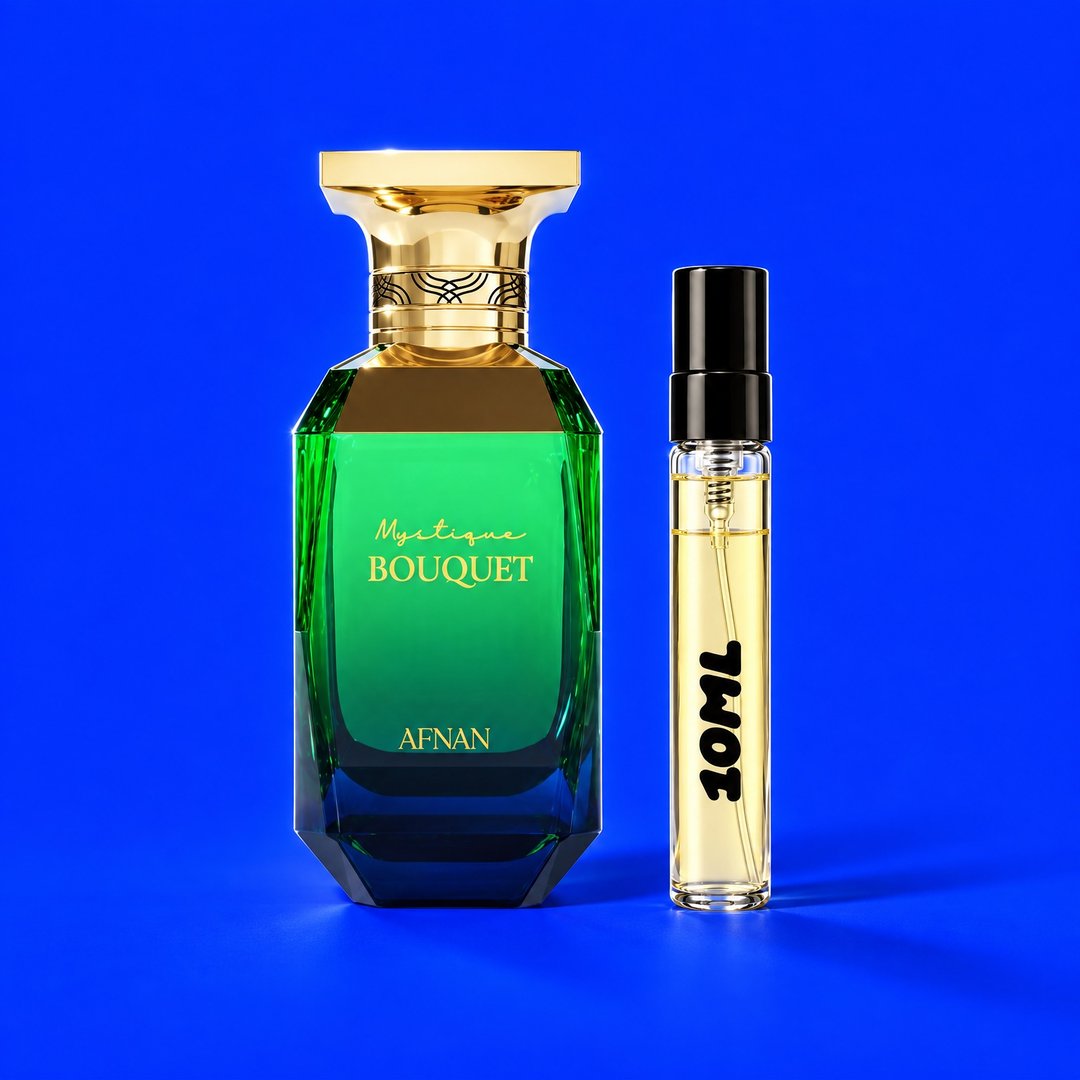 10 ml decant of Mystique Bouquet by Afnan next to the original bottle