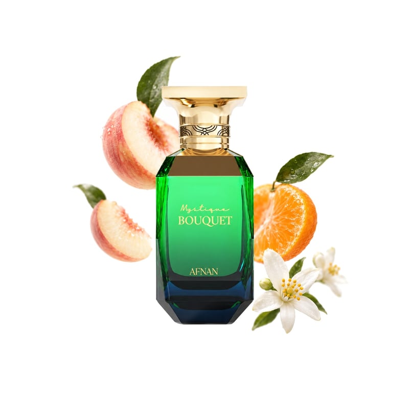 Mystique Bouquet by Afnan, bottle pictured with its key notes: White Peach, Mandarin Orange and Orange Blossom