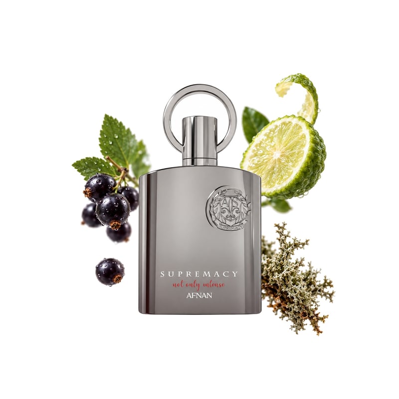 Supremacy Not Only Intense by Afnan, bottle pictured with its key notes: Black Currant, Bergamot and Oakmoss