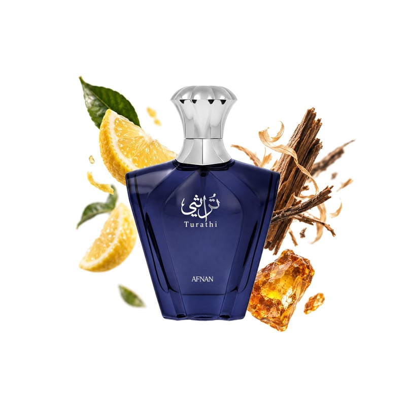 Turathi Blue by Afnan, bottle pictured with its key notes: Citruses, Woodsy Notes and Amber