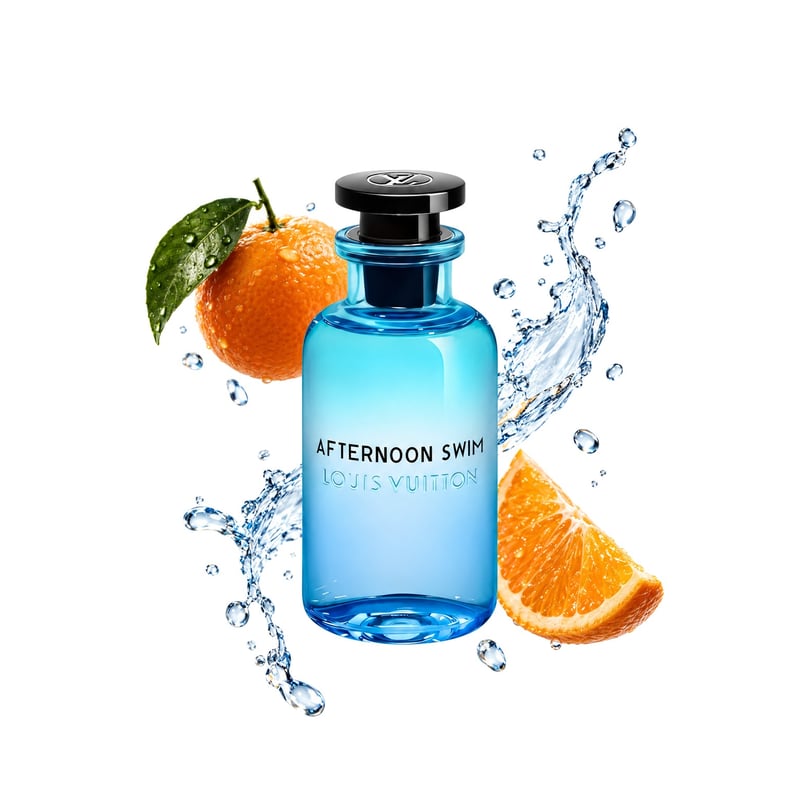 Afternoon Swim by Louis Vuitton, bottle pictured with its key notes: Mandarin Orange, Sicilian Orange and Aquatic Notes