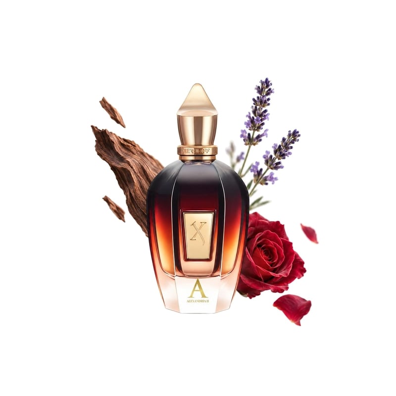 Alexandria II by Xerjoff, bottle pictured with its key notes: Palisander Rosewood, Lavender and Rose