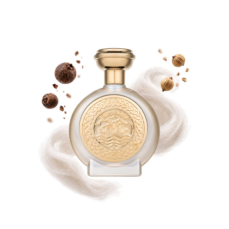 Alkout by Boadicea The Victorious, bottle pictured with its key notes: Pimento, Coriander and Musk