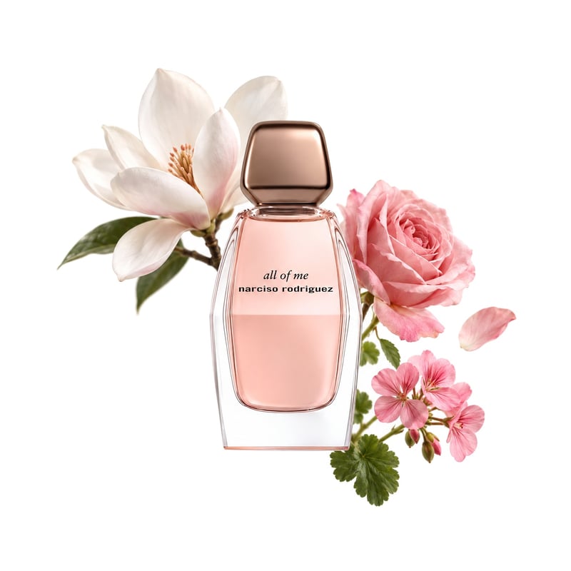 All Of Me by Narciso Rodriguez, bottle pictured with its key notes: Magnolia, Rose and Bourbon Geranium