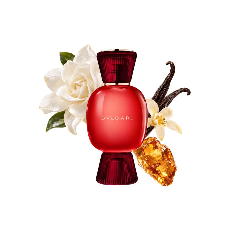 Allegra Baciami by Bvlgari, bottle pictured with its key notes: Gardenia, Vanilla and Amber