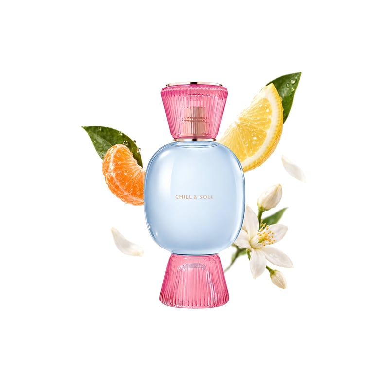 Allegra Chill & Sole by Bvlgari, bottle pictured with its key notes: Mandarin, Italian Lemon and Orange Blossom