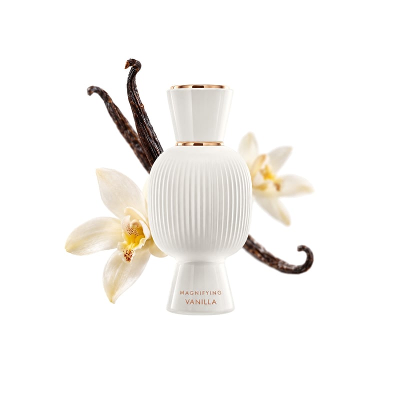 Allegra Magnifying Vanilla by Bvlgari, bottle pictured with its key notes: Madagascan Vanilla, Vanilla and Madagascar Vanilla