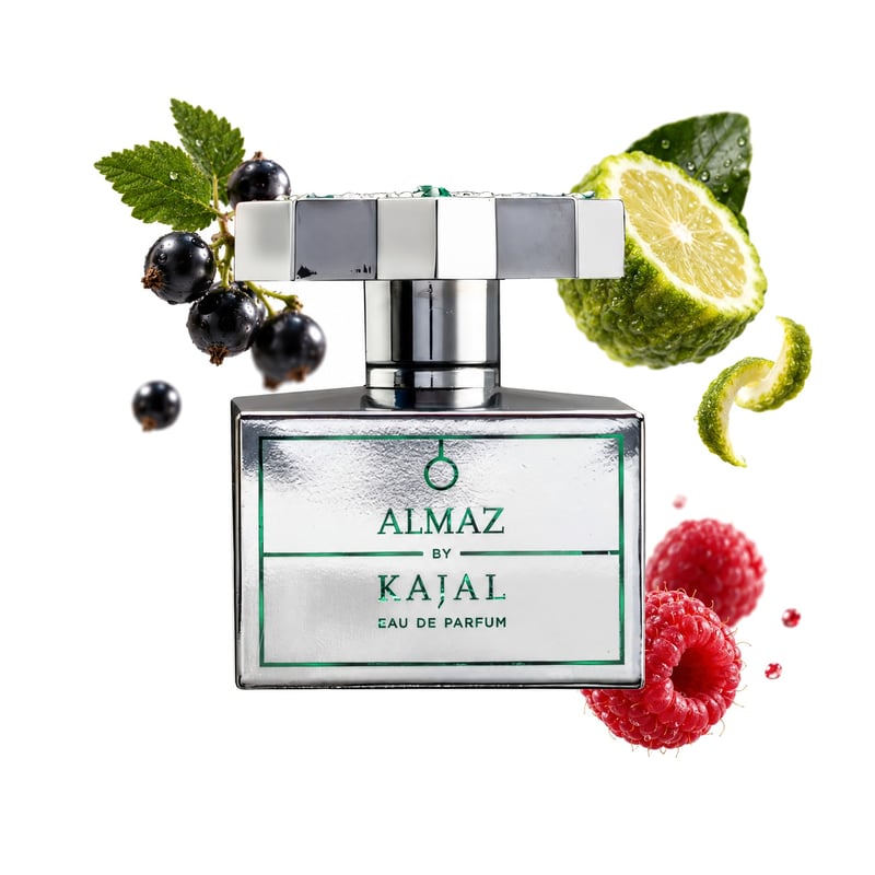 Almaz by Kajal, bottle pictured with its key notes: Black Currant, Calabrian Bergamot and Raspberry