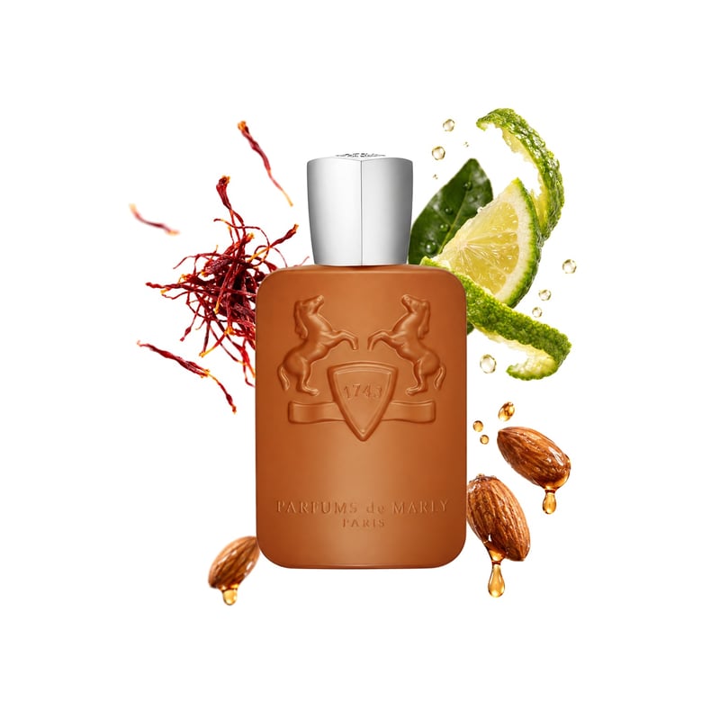 Althaïr Exclusif by Parfums de Marly, bottle pictured with its key notes: Saffron, Bergamot and Amaretto