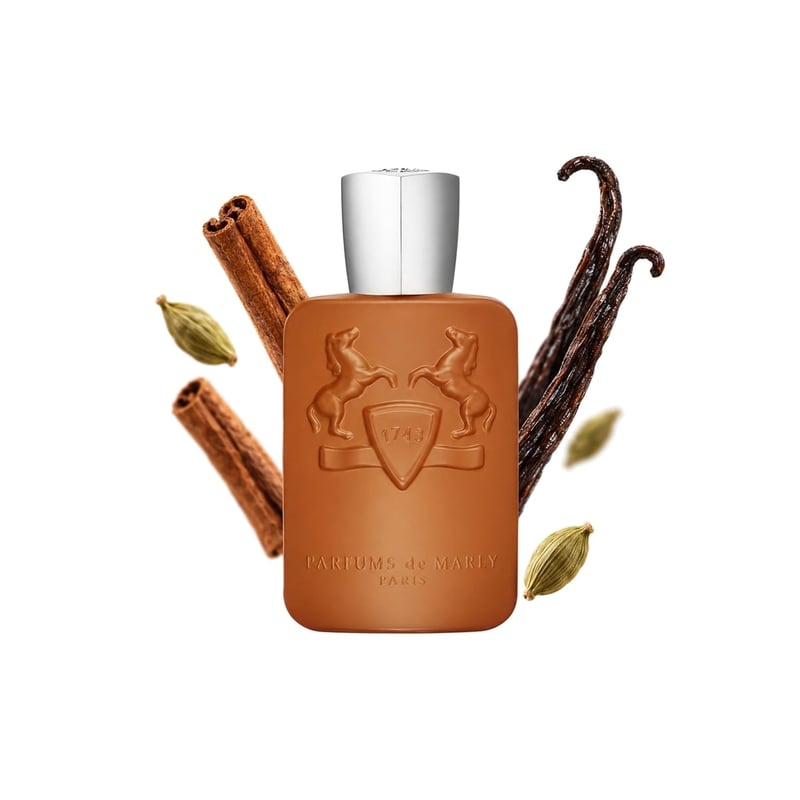 Althaïr by Parfums de Marly, bottle pictured with its key notes: Cinnamon, Cardamom and Bourbon Vanilla