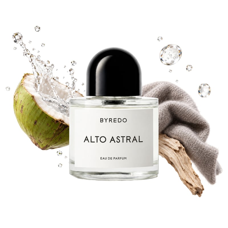 Alto Astral by Byredo, bottle pictured with its key notes: Coconut Water, Aldehydes and Cashmeran