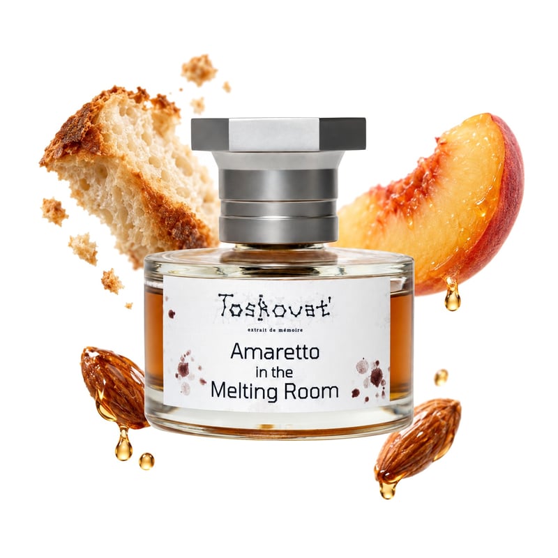 Amaretto in the Melting Room by Toskovat', bottle pictured with its key notes: Bread, Peach and Amaretto