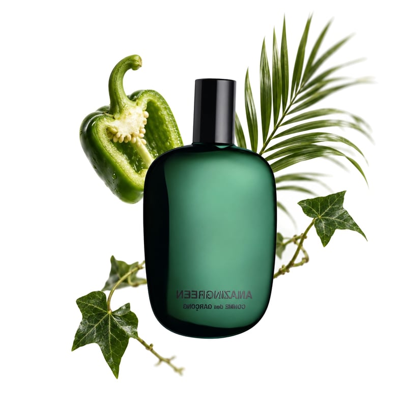 Amazingreen by Comme des Garçons, bottle pictured with its key notes: Green Bell Pepper, Palm Tree and Ivy