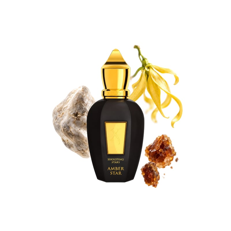 Amber Star di Xerjoff, flacone con le sue note principali: Ambra grigia, Ylang-Ylang e Mirra