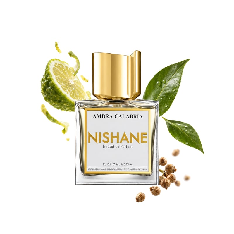 Ambra Calabria by Nishane, bottle pictured with its key notes: Bergamot, Green Leaves and Coriander