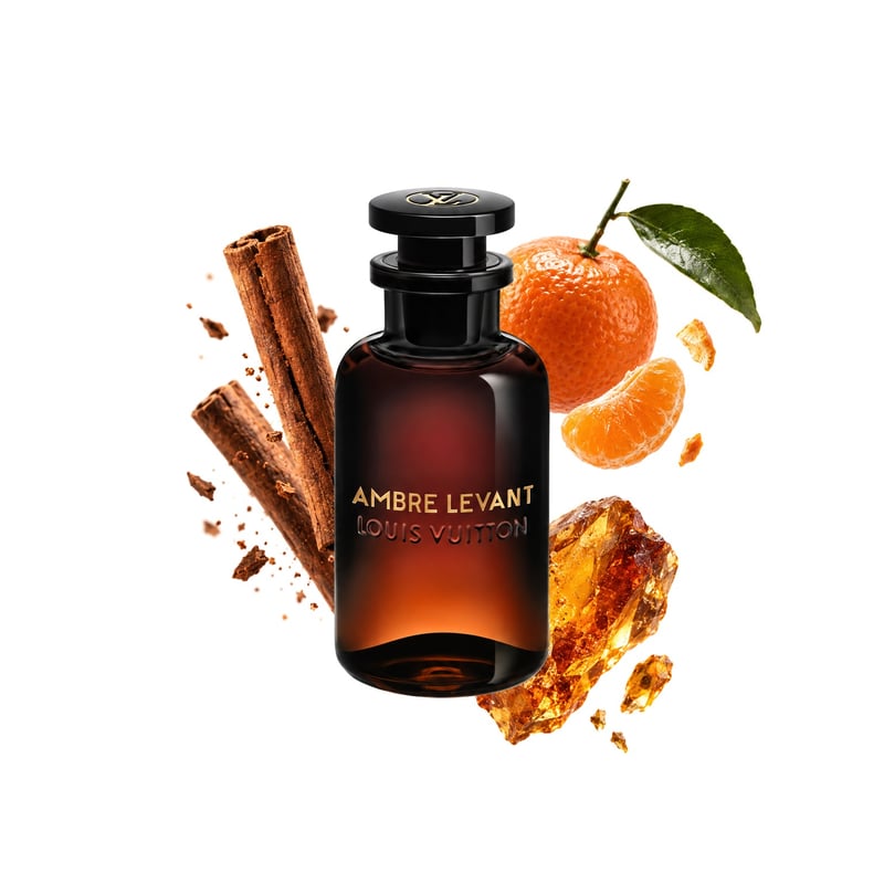 Ambre Levant by Louis Vuitton, bottle pictured with its key notes: Cinnamon, Mandarin and Amber