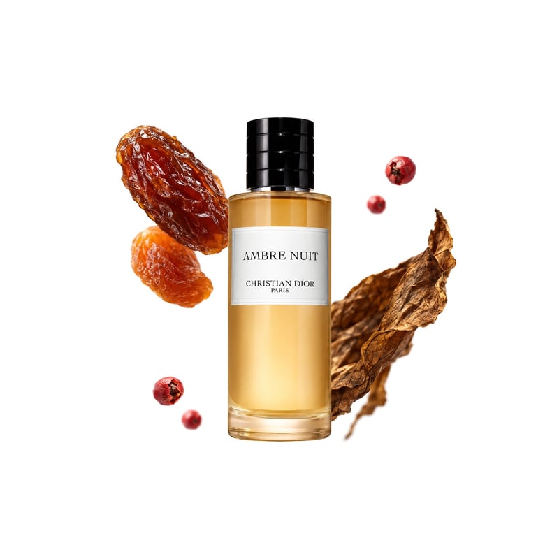 Ambre Nuit by Dior, bottle pictured with its key notes: Dried Fruits, Tobacco and Pink Pepper