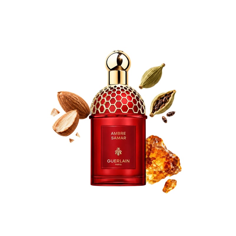Ambre Samar by Guerlain, bottle pictured with its key notes: Almond, Cardamom and Amber