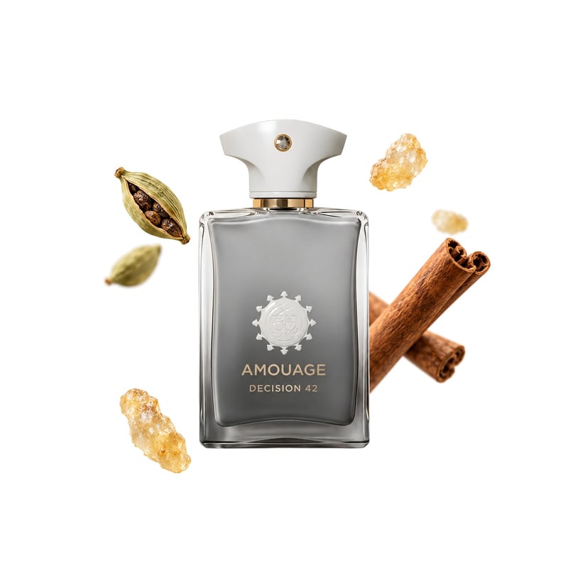 Decision 42 Man by Amouage, bottle pictured with its key notes: Cardamom, Cinnamon and Frankincense