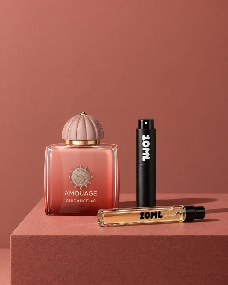 Amouage Guidance 46 with a 10ML travel atomiser and a 10ML refill vial on a pink plinth