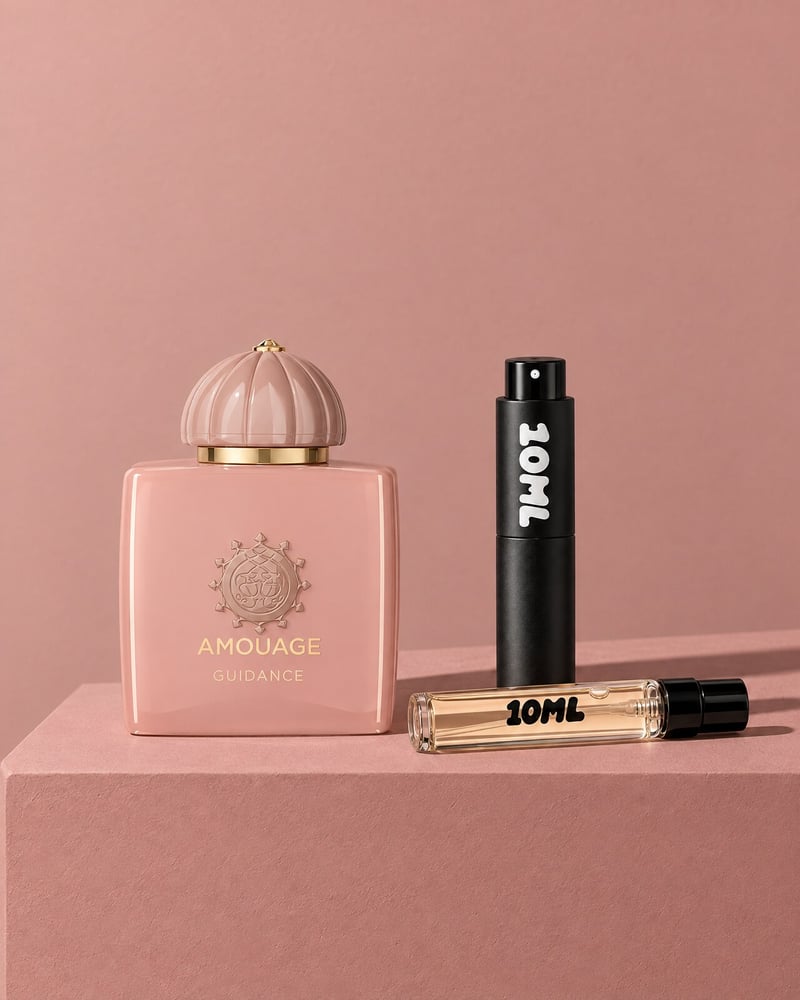 Amouage Guidance with a 10ML travel atomiser and a 10ML refill vial on a pink plinth