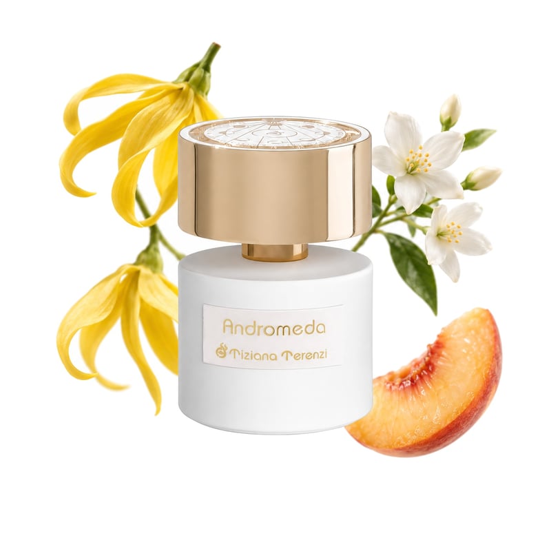 Andromeda de la Tiziana Terenzi, flacon alături de notele principale: Ylang-Ylang, Iasomie de apă și Piersică
