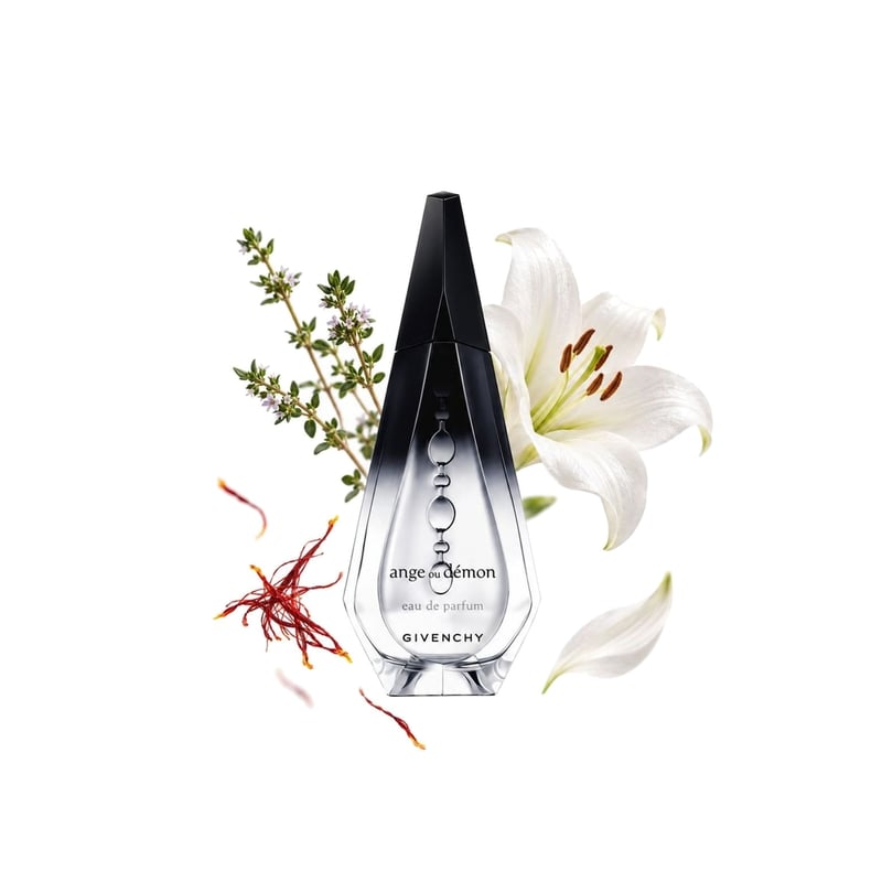Ange ou Demon by Givenchy, bottle pictured with its key notes: Saffron, Thyme and Lily