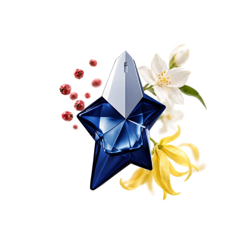 Angel Elixir de Mugler, flacon entouré de ses notes clés : Baies roses, Jasmin et Ylang-ylang