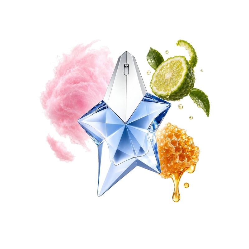 Angel by Mugler, bottle pictured with its key notes: Cotton Candy, Bergamot and Honey