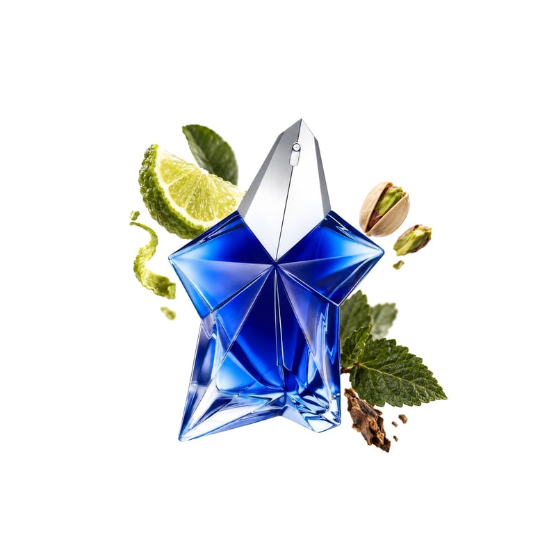 Angel Stellar by Mugler, bottle pictured with its key notes: Bergamot, Pistachio and Patchouli