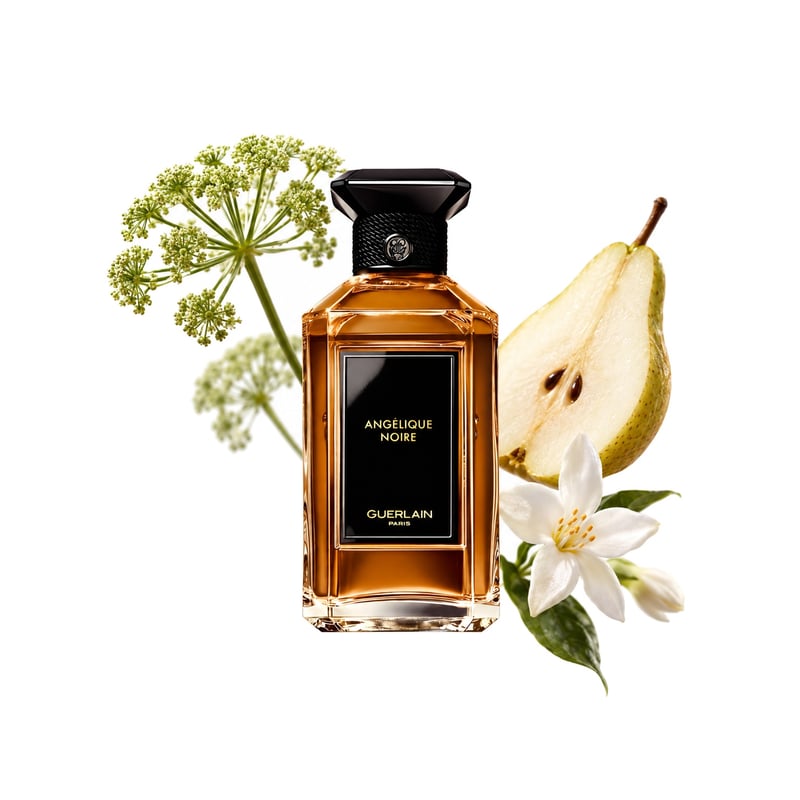 Angélique Noire του οίκου Guerlain, φιάλη με τις κύριες νότες της: Αγγελική, Αχλάδι και Γιασεμί