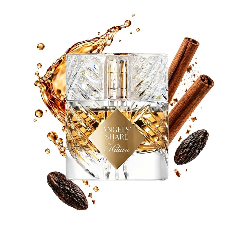 Angels' Share by By Kilian, bottle pictured with its key notes: Cognac, Cinnamon and Tonka Bean