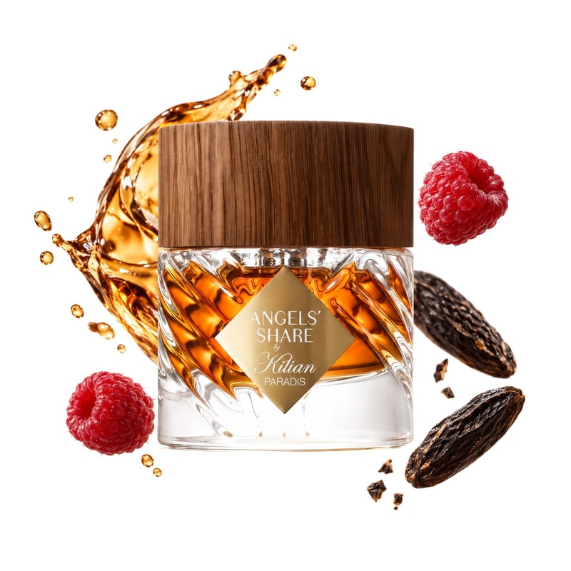 Angels' Share Paradis by By Kilian, bottle pictured with its key notes: Cognac, Raspberry and Tonka Bean