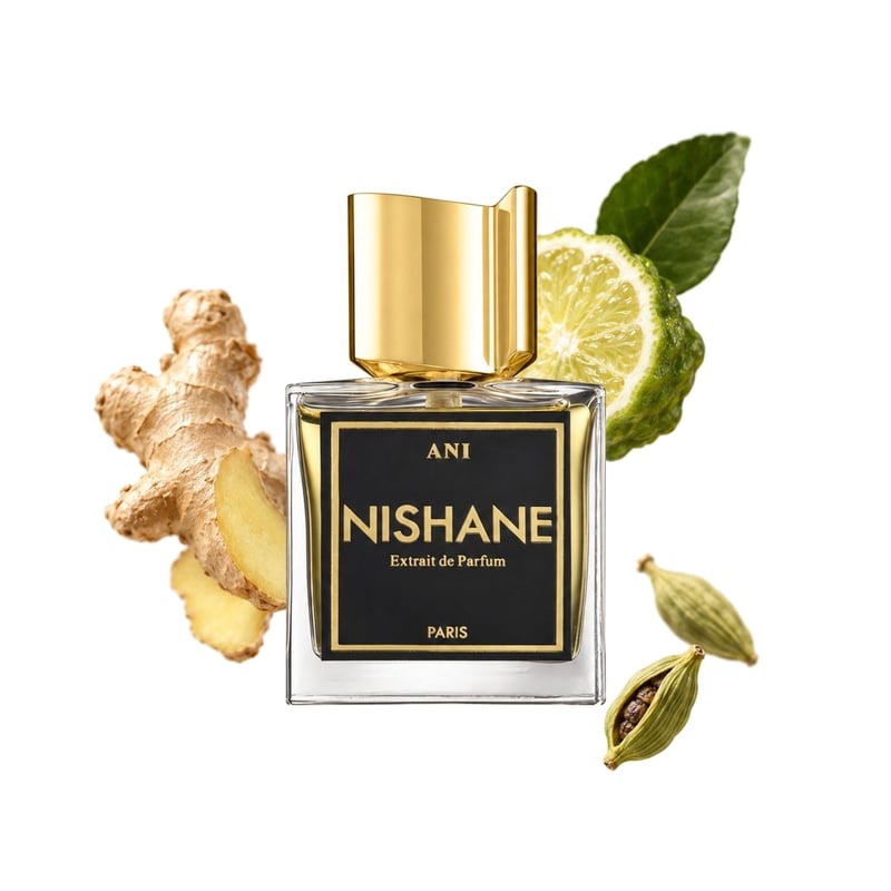 Ani by Nishane, bottle pictured with its key notes: Ginger, Bergamot and Cardamom