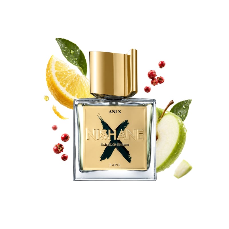 Ani X by Nishane, bottle pictured with its key notes: Lemon, Pink Pepper and Green Apple